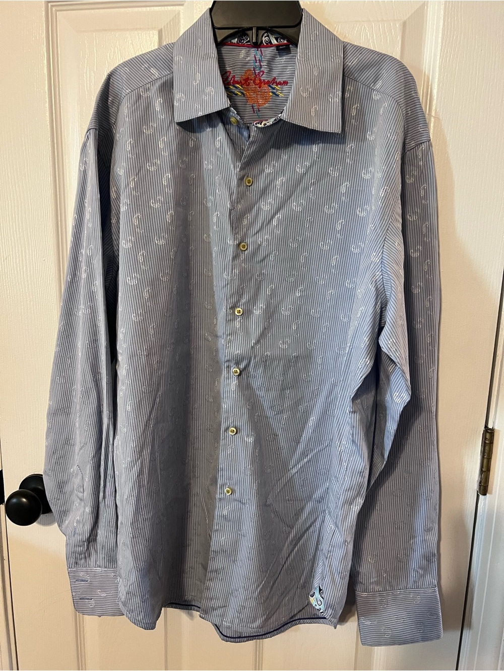 Robert Graham Mens L Blue Stripe Paisley Embroidered Flip Cuff Shirt